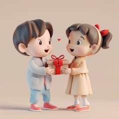 Cartoon boy and girl holding gift box. Valentines day concept. 3d render