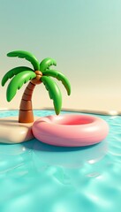 Obraz premium 3D Summer Vacation Illustration Inflatable Float Palm Tree Copy Space