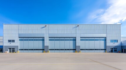 Contemporary warehouse structure for logistics and cargo transport with parking under clear sky