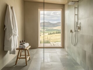 A bathroom with a bench and a shower. A bottle of shampoo is on the bench