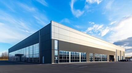 Contemporary warehouse and car service facility with parking under clear blue sky, logistics hub