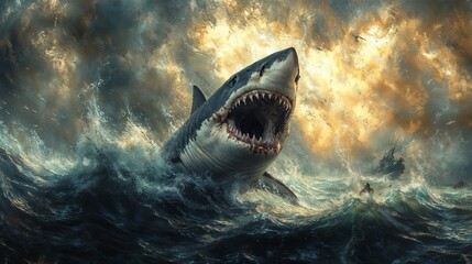 Fototapeta premium Great white shark swimming in vibrant blue waters, oil painting style with dynamic brushwork.