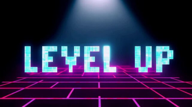 Glitchy "Level Up" text on a dark background with distorted effects