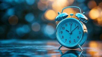 alarm set on a blue clock face with a soft blurry background, offering copy space for time management, scheduling, and digital or analog clock displays
