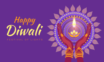 Happy Diwali festival. A purple background with a design of two hands holding a candle
