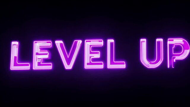 Glitchy neon "Level Up" text on a dark background with distorted effects