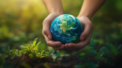 A pair of hands holding a globe, symbolizing care for the planet Earth. 