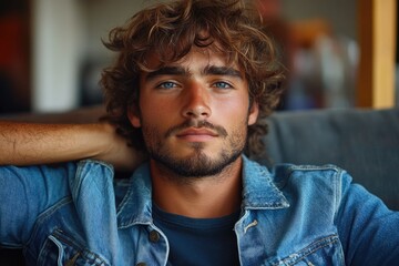 Contemplative Moments: A Young Man in a Denim Jacket Reflects on Life from His Cozy Couch