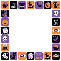 Hand drawn cartoon halloween frame with pumpkin, ghost, cat, sweets and scull. Colorful vector border template.