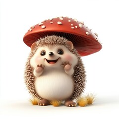 A cheerful hedgehog standing under a large mushroom cap, creating a playful and joyful forest scene with a whimsical atmosphere