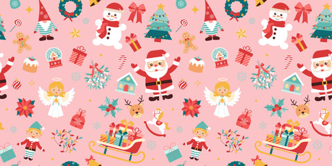 A colorful Christmas pattern with Santa Claus, angels, reindeer, and other festive symbols. The image conveys a joyful and celebratory mood, perfect for the holiday season