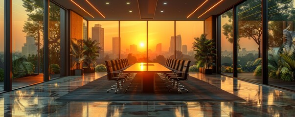 Modern Conference Room with Panoramic City View at Sunset, Elegant Office Interior Design with Large Windows and Natural Light