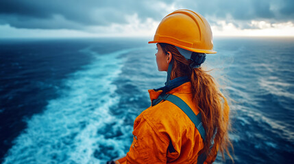 A woman in a hard hat stands at the ocean's edge, gazing at the vast sea under a cloudy sky, embodying resilience and determination.