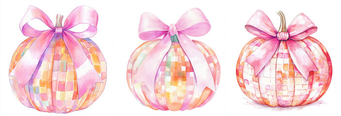 Three decorative gift boxes in pastel colors, each adorned with a bright pink bow, creating a festive and cheerful atmosphere.