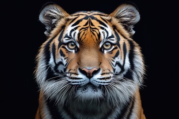 Fototapeta premium Majestic Tiger Portrait: Striking Front View Against a Dark, Mysterious Background