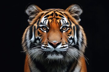 Fototapeta premium Majestic Tiger Portrait: Striking Front View Against a Dark, Mysterious Background