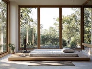 A bedroom with a wooden bed and a window. A vase with flowers is on the bed