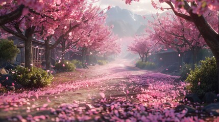 Scenic Pathway Through a Cherry Blossom Forest