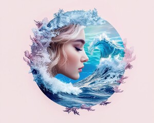 A serene portrait blending a woman's profile with ocean waves, symbolizing harmony between nature and beauty.