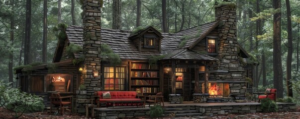Fototapeta premium Cozy Rustic Cabin in the Woods with Stone Fireplace and Wooden Exterior - Perfect Real Estate for Nature Lovers