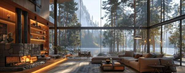 Modern Luxury Lakefront Home with Floor-to-Ceiling Windows and Scenic Forest Views