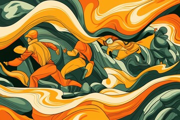 Obraz premium Dynamic illustration of athletes in vibrant colors running through swirling patterns.