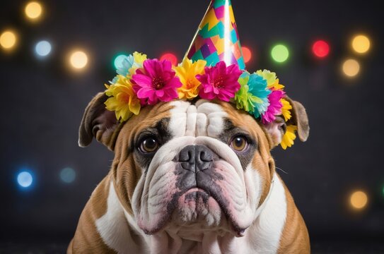 Bulldog in birthday hat with flower crown and colorful lights