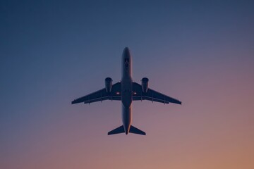Fototapeta premium Airplane Silhouette Against a Sunset Sky
