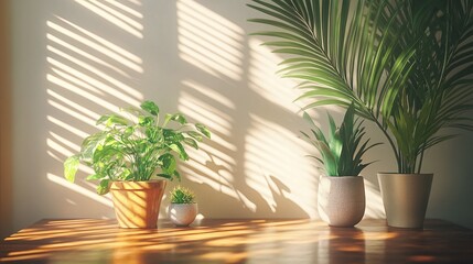 desk with plants in a modern interior near a window with light and shadows creating a natural and clean workspace concept ideal for a peaceful setup and mockup