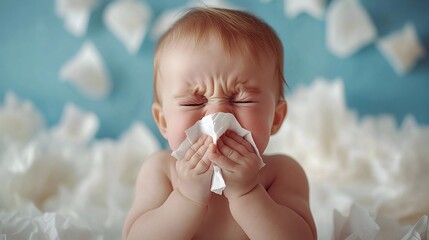 cute baby using soft paper tissues for sneezing on a white background showcasing healthy infant hygiene and caregiving with a clean and adorable appearance
