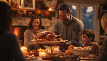 Thanksgiving family gathering in cozy living room. Father with beautifully roasted turkey on tray, everyone smiling and laughing around festively table with autumn-themed decorations, delicious dishes