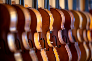 Row of hanging violins with different wood shades on a shelf. Musical instruments with signs of wear, small flaws and scratches in warm yellow-orange-brown tones with selective focus and backlighting.