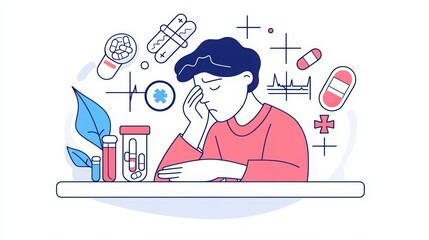 Illustration of a person feeling overwhelmed by health challenges and medication.