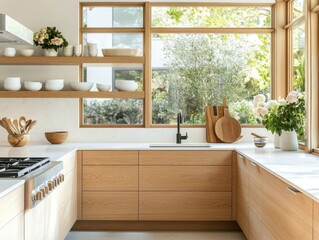 Fototapeta premium A kitchen with a sink and a window. There are several bowls on the counter. A vase with flowers is on the counter