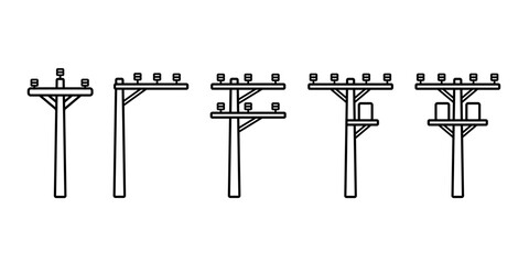 Electric tower thin line icon set. Power pole, electric, and electricity pylon, steel or concrete tower, transmission, station, construction, power distribution design icon symbol. Vector illustration