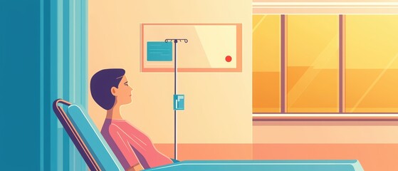 Patient sitting in a hospital bed, with IV drip, bright room with a window.