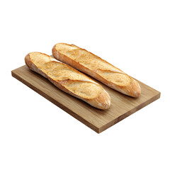 Freshly baked baguettes on wooden cutting board