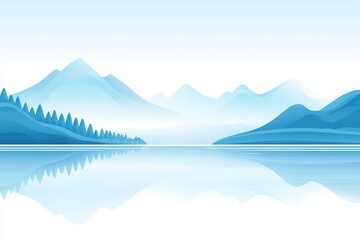 Serene blue mountains with reflection on calm water, minimalist design, white background.