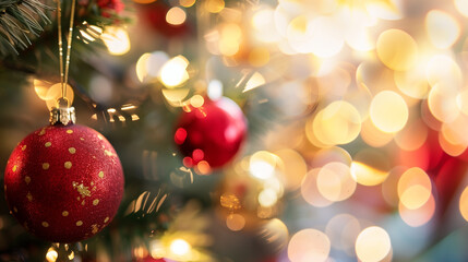 Fototapeta premium Christmas tree. Red Christmas ball and lights on the Christmas tree. New Year's background, lights, bokeh. Copyspace for your text.