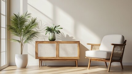 modern wooden cabinet displaying a green plant in a vase alongside a soft white armchair creating a cozy atmosphere perfect for Scandinavian style interior decoration and empty wall designs
