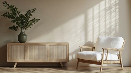 modern wooden cabinet displaying a green plant in a vase alongside a soft white armchair creating a cozy atmosphere perfect for Scandinavian style interior decoration and empty wall designs