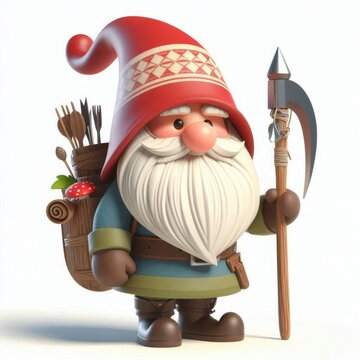 recommend clip art: Cartoon Christmas Scandinavian gnome with a spear and backpack full of utensils. 3D character isolated on white background. Holiday adventure concept
