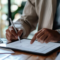 A person sketching a design on a tablet, showcasing creativity and technology in a modern workspace.