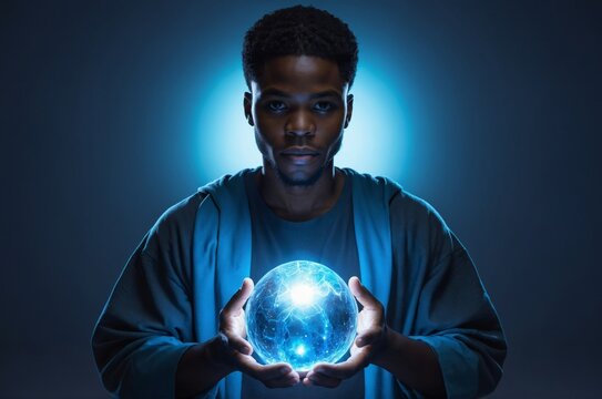 Man holding glowing orb staring into camera