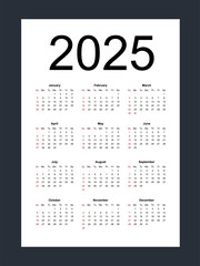 Simple editable vector calendar for year 2025. Week starts from Sunday. Vertical. Isolated vector illustration on white background.
