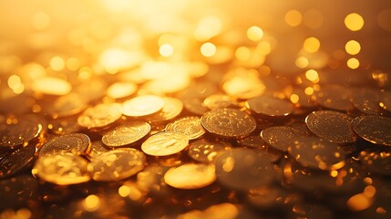 Golden coins on a reflective surface with a warm bokeh background, highlighting wealth and prosperity using dramatic lighting and rich golden hues in a luxury theme.