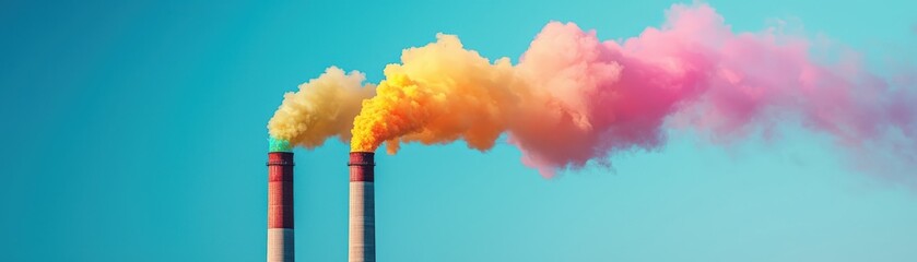 Fototapeta premium Colorful Smokestacks Releasing Vibrant Smoke Against Sky