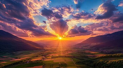 Dramatic sunset with light rays breaking through clouds over green valley.