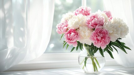 Fototapeta premium fresh pink and white peonies flowers in a vase on a windowsill with soft sunlight creating a peaceful natural backdrop perfect for product display presentations or home interior floral decor