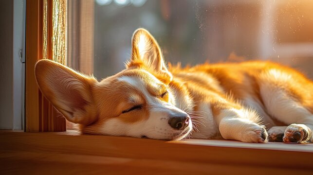 corgi dog lying in the sunlight by the window peacefully napping in the warm light perfect for creating a cozy calm atmosphere ideal for capturing moments of home comfort and relaxation